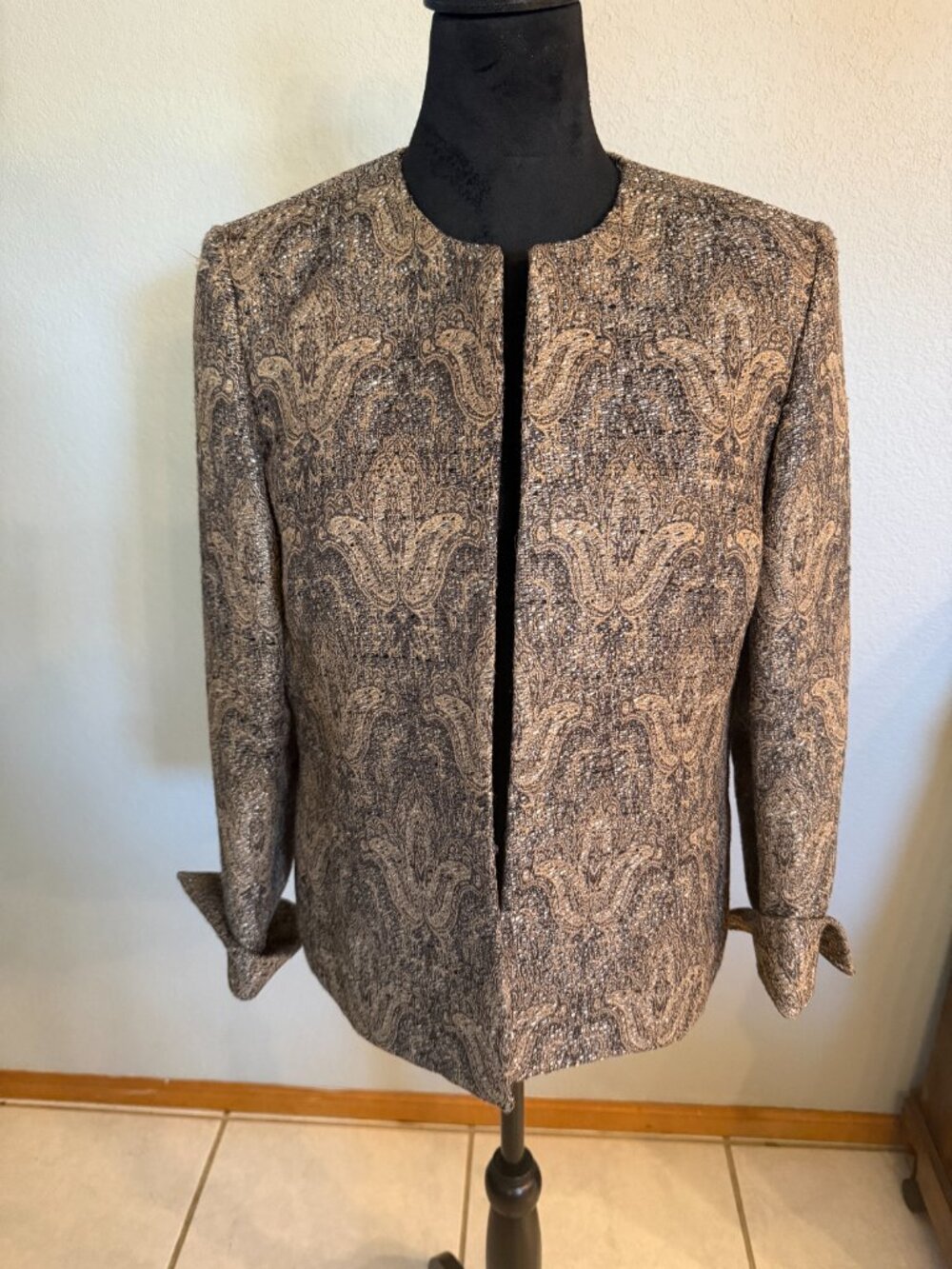 Kasper Petite 10P Metallic Gold Paisley Brocade Jacket Blazer Evening